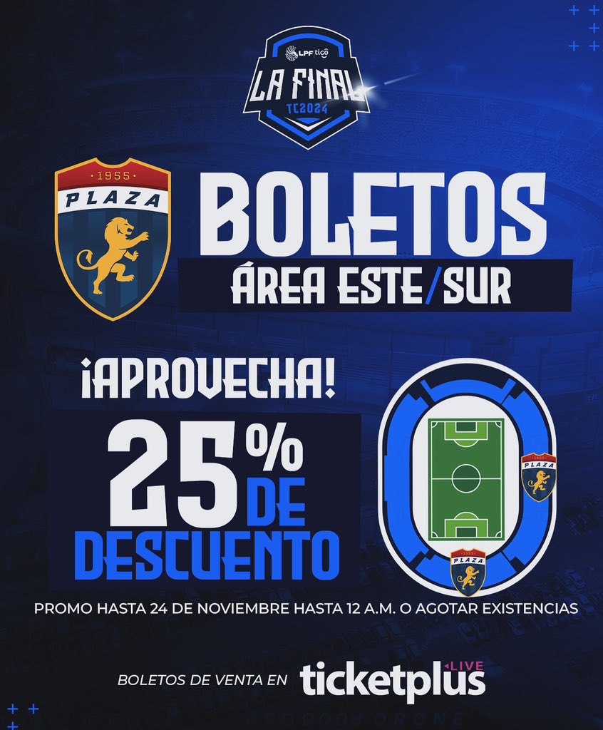 🎟 ADQUIERE TU BOLETO 🎟

Compra tu entrada para la Final del Torneo Clausura 2024 en <a href="/TicketplusPTY/">Ticketplus Panama</a> o en el enlace de nuestra bio y apoya a tu equipo 🔵🔴 <a href="/cdplazaamador/">CD Plaza Amador</a> 

‼️ 25% de descuento hasta el 24 de noviembre

🏟 Rommel Fernández
📆 30 NOV
⏰ 6:15 PM

#LPFTigo #FinalLPF