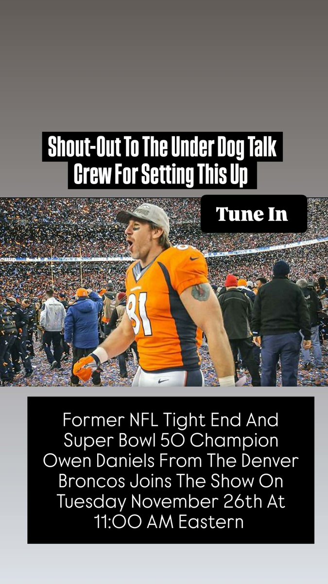 Former NFL Tight End And Super Bowl 50 Champion <a href="/owendaniels/">Owen Daniels</a> From The Denver Broncos Joins The Show On Tuesday November 26th At 11:00 AM Eastern <a href="/DeMarcusWare/">D-Ware</a> <a href="/AmyTrask/">Amy Trask</a> <a href="/JeremyFishman2/">Jeremy Fishman</a> <a href="/TheDnRCompany/">The Company</a>
<a href="/krushil_a/">Krush</a> <a href="/Derek_Wolfe95/">Derek Wolfe</a> <a href="/ESanders_10/">Emmanuel Sanders</a> 🏈 🔥🚀🐐🏆 #NRMedia #OwenDaniels