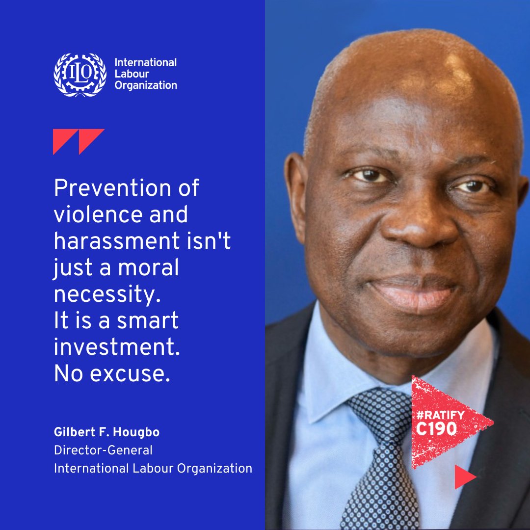 4️⃣5️⃣ <a href="/ilo/">International Labour Organization</a> Member States have already taken a stand against workplace violence and harassment by ratifying C190. 

Be on the right side of history - ensure your country does the same. 

#16Days #RatifyC190 #NoExcuse