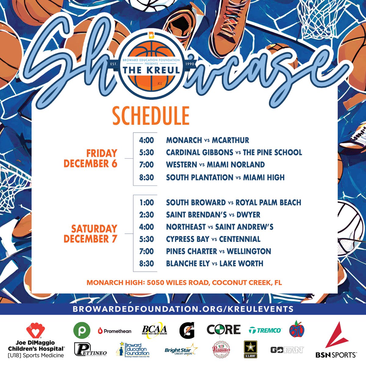 KREUL SHOWCASE SCHEDULE
🍿1 Location, 2 Days, 10 Games, 300 Recruits

🗓️December 6 &amp; 7
📍Monarch High