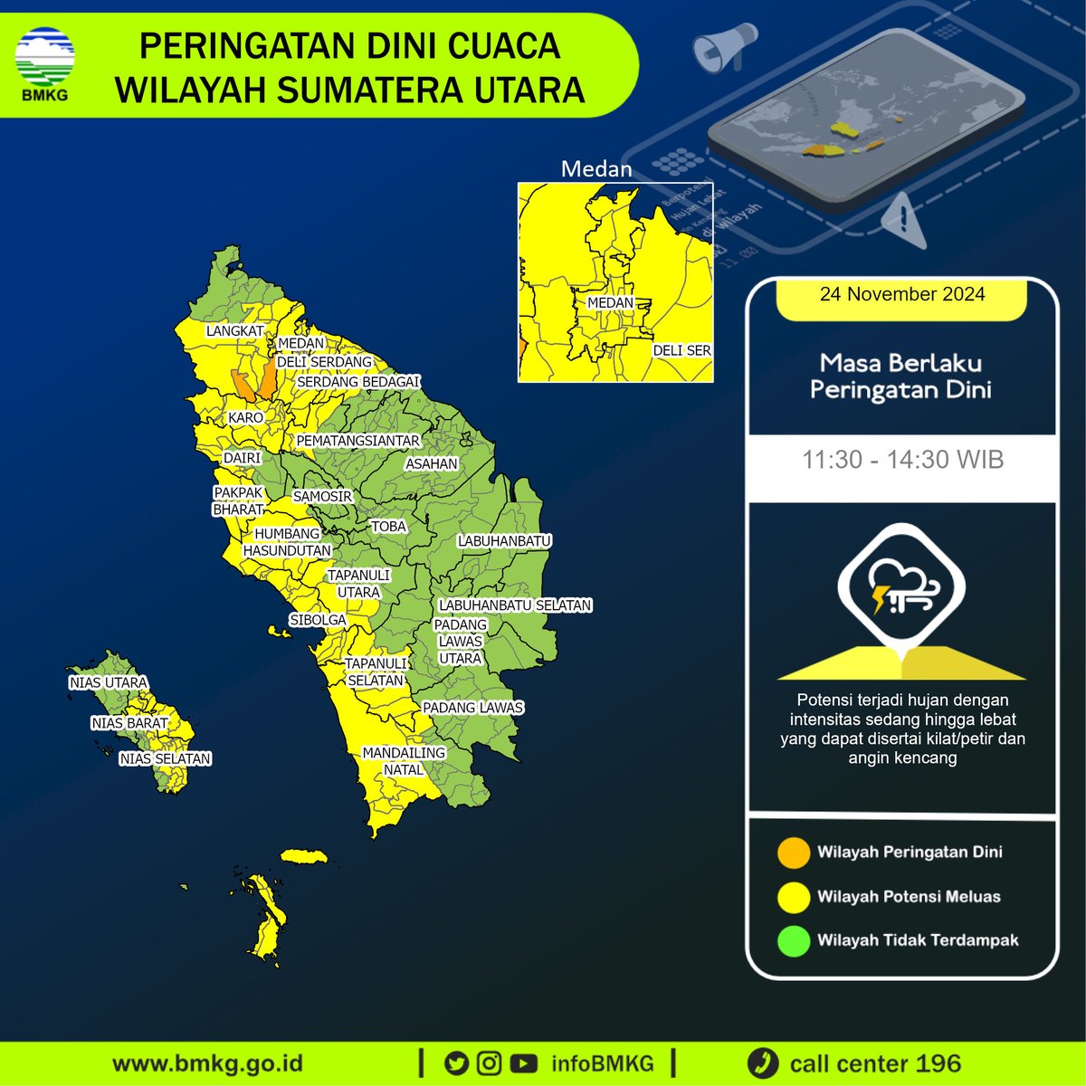 infoBMKG's tweet photo. Update Peringatan Dini Cuaca Wilayah - Sumatera Utara Tgl. 24 November 2024 pkl. 11:30 WIB
Prakirawan - BMKG - Sumatera Utara
https://t.co/4wfXGk8KeP https://t.co/AOi2wep4T8