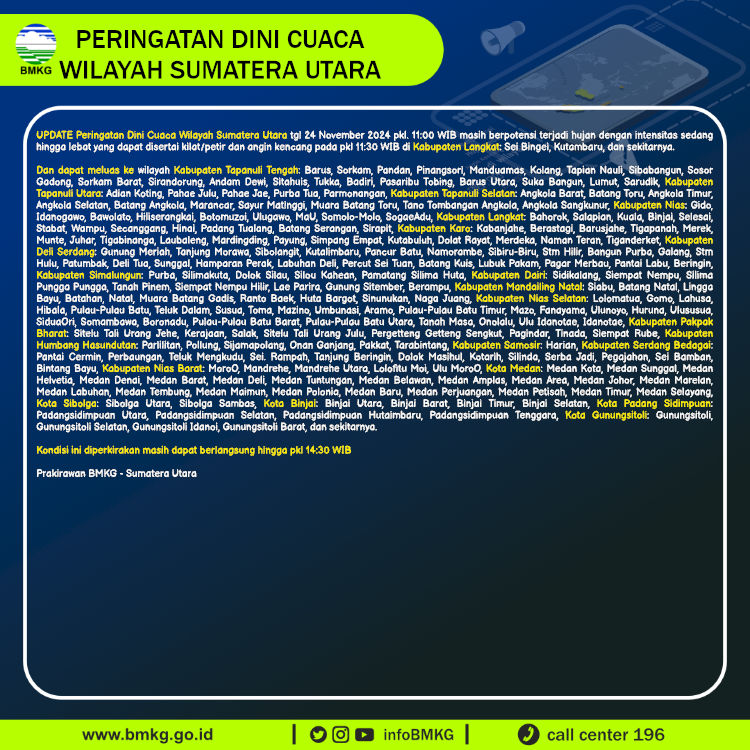 infoBMKG's tweet photo. Update Peringatan Dini Cuaca Wilayah - Sumatera Utara Tgl. 24 November 2024 pkl. 11:30 WIB
Prakirawan - BMKG - Sumatera Utara
https://t.co/4wfXGk8KeP https://t.co/AOi2wep4T8