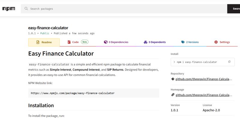 thepravin28's tweet image. I have developed and published my first #OpenSource #npmpackage: " 𝐄𝐚𝐬𝐲 𝐅𝐢𝐧𝐚𝐧𝐜𝐞 𝐂𝐚𝐥𝐜𝐮𝐥𝐚𝐭𝐨𝐫."
𝐅𝐞𝐞𝐥 𝐟𝐫𝐞𝐞 𝐭𝐨 𝐜𝐨𝐧𝐭𝐫𝐢𝐛𝐮𝐭𝐞: github.com/thepravin/Fina…
𝐍𝐏𝐌 𝐖𝐞𝐛𝐬𝐢𝐭𝐞 𝐋𝐢𝐧𝐤:
npmjs.com/package/easy-f…
#FinanceTools