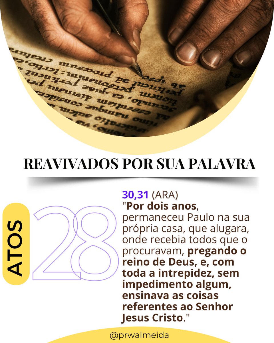 prwalmeida's tweet photo. #rpSp-At 28 | #Libertando
Não escrevi "libertado".
Paulo, em "prisão domiciliar", estava trazendo liberdade àqueles que creram na Palavra.
Missão se cumpre até o final.
Tem um tema: O Reino de Deus.
Tem uma maneira: c/ ousadia.
Tem um método: pelo ensino.
Tenha atos.Faça missão! https://t.co/jpGbwpoMAu