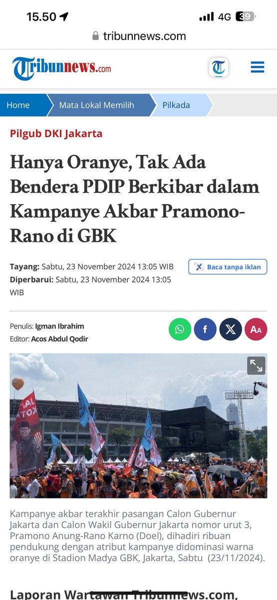 Padahal saat kampanye terakhir Pramono&amp;Rano juga tidak dihadiri satupun Ketum Partai pendukung 03. Media2 malah kabarkan ; bendera PDIP dan partai pendukung 03 juga absen. Kalau kampanye akbar 01, bendera dari partai2 pendukung 01 spt Gerindra, Golkar, PKS dll tetap berkibar.