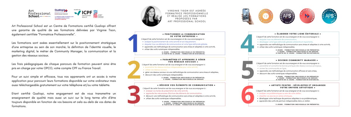 [ #ArtProfessionalSchool #VirginieTison ] 👩‍💻📚
Boostez votre activité avec nos formations certifiées #Qualiopi : communication, marketing digital, réseaux sociaux, stratégie. Finançables (AFDAS, CPF, France Travail) et animées par Virginie Tison 🚀 bit.ly/4hTfiTk