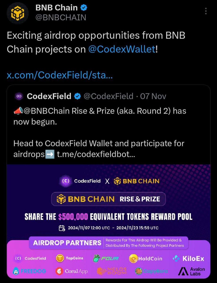 KeonHD_X's tweet image. 🪂 Codexfield Wallet Telegram Bot

Backed By Binance 💥

⚡ Join Here: t.me/codexfieldbot/…

🔶 Start TG Bot
🔶 Complete Quest
🔶 Daily Login to earn extra points
🔶 Done  

#BNBChain #Codexfield #airdrop 
#hamster_kombat #Blum #cryptocurrency