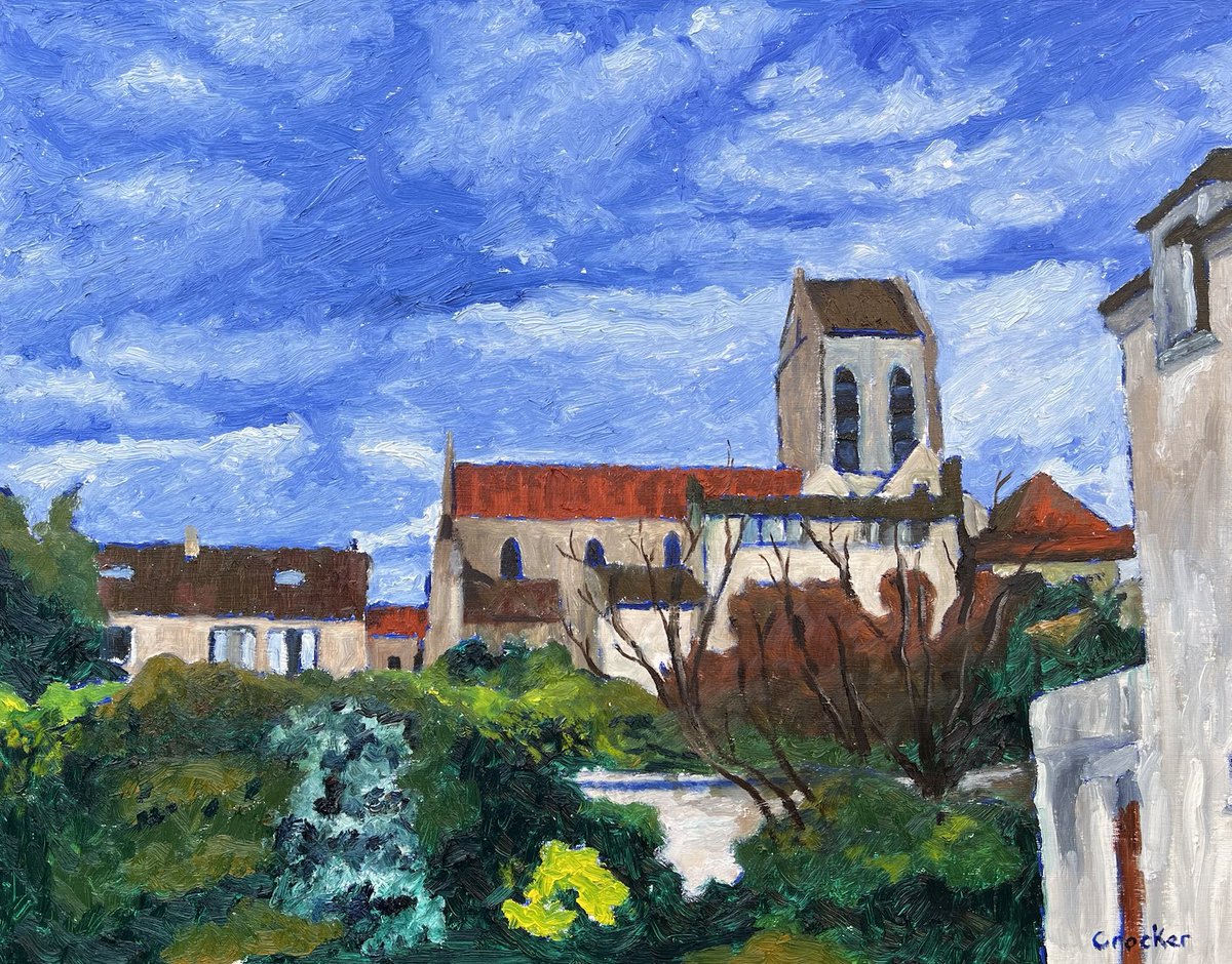 davecrockerart's tweet photo. The church in Auvers-sur-Oise from Rue du General de Gaulle. Oil on canvas. #painting #auvers-sur-oise https://t.co/tjuRZ4X8P9