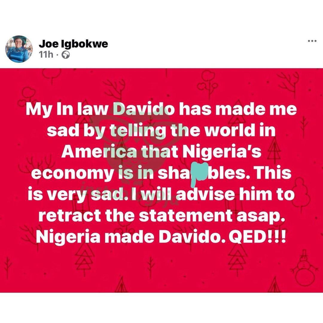 instablog9ja's tweet photo. “Davido should retract his statement as soon as possible. Nigeria made him,” says APC chieftain Joe Igbokwe in response to Davido’s recent comments about the Nigerian economy. https://t.co/wnGPory61i