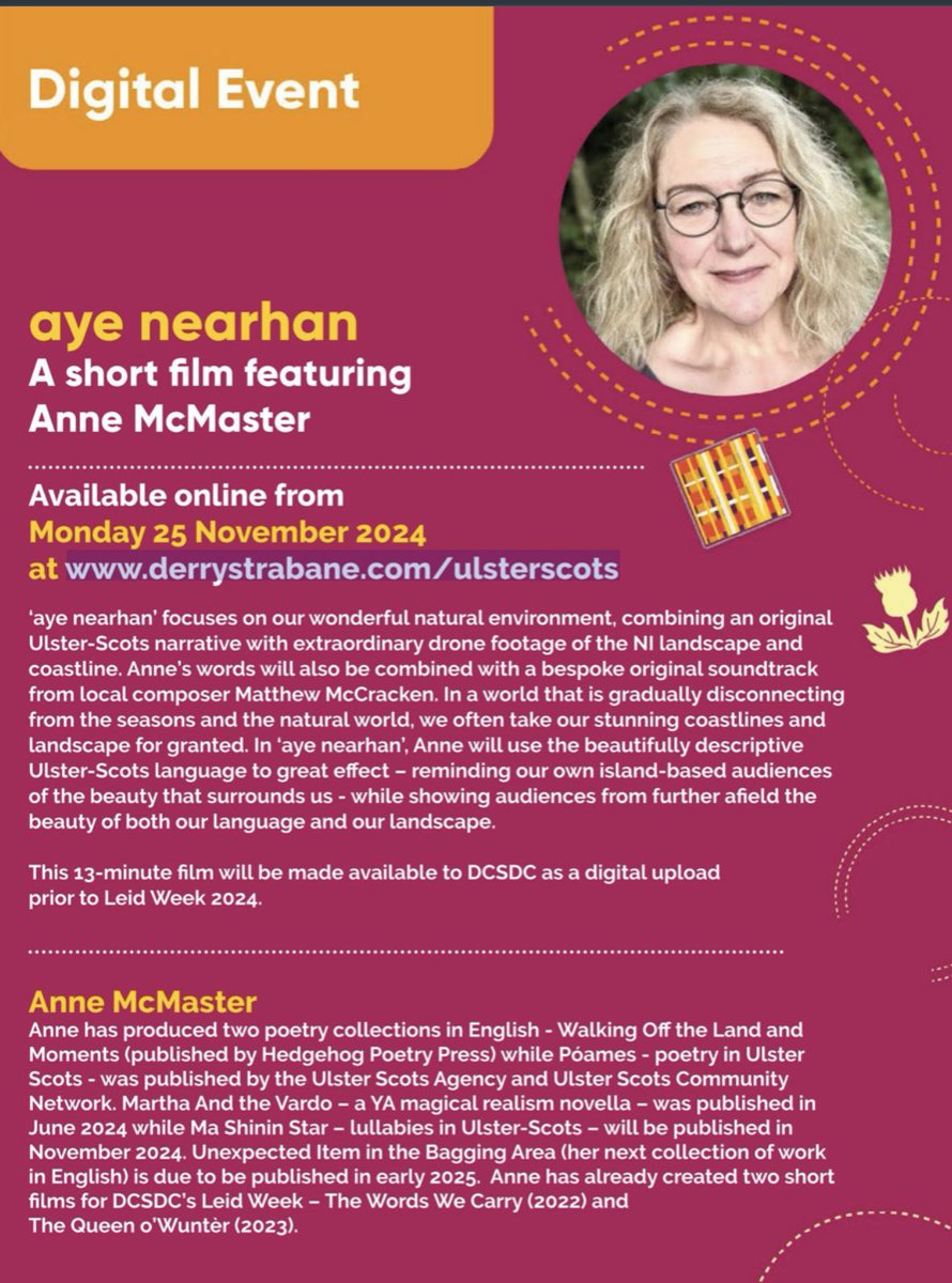 Rosehill_girl's tweet photo. My films for #LeidWeek2024 #1 'aye nearhan' looks to the natural world. My narrative joins beautiful drone footage and a stunning original score. Thank you, @dcsdcouncil for the opportunity to create new work in Ulster-Scots! @fairfaaye @UlsterScotsAgen @HurchinHome https://t.co/XbKtn9wbI8