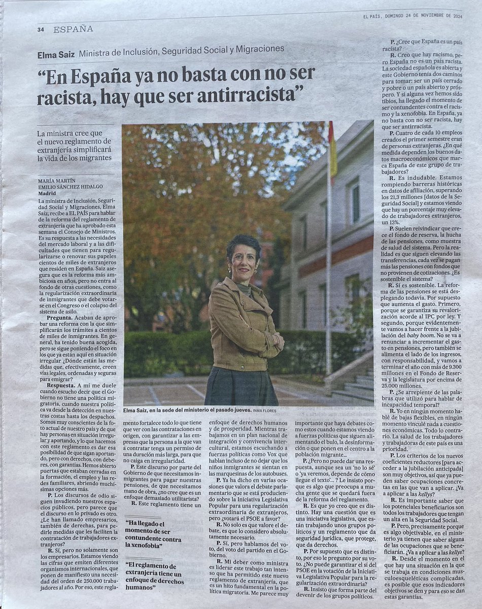 Esta entrevista de <a href="/MariaMartinD/">María Martín</a> y <a href="/Emi_SanchezH/">Emilio Sánchez Hidalgo</a> <a href="/el_pais/">EL PAÍS</a> a la ministra <a href="/SaizElma/">Elma Saiz</a> es un joyita que merece ser leída con atención. Más que por lo que dice la entrevistada, por lo que se niega a responder: 

1) Además de facilitar la integración de los migrantes que ya están aquí,