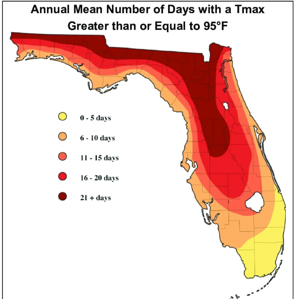 OrlandoMaps's tweet photo. Annual Mean Number of Days with a Temp Max Greater Than or Equal to 95F (what a mouthful!) https://t.co/1w0VnjSQE5