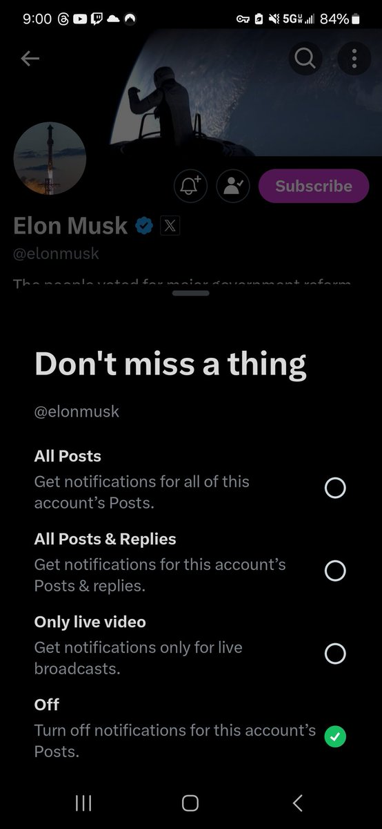 thatguycollin's tweet photo. ...Uh, @elonmusk, only bothered to double check this right now, but could you kindly explain why I'm still getting alerts of your tweets (yes, I'm still calling them that, like a sane person) when this has been my setting? https://t.co/yhkHoaNjJa