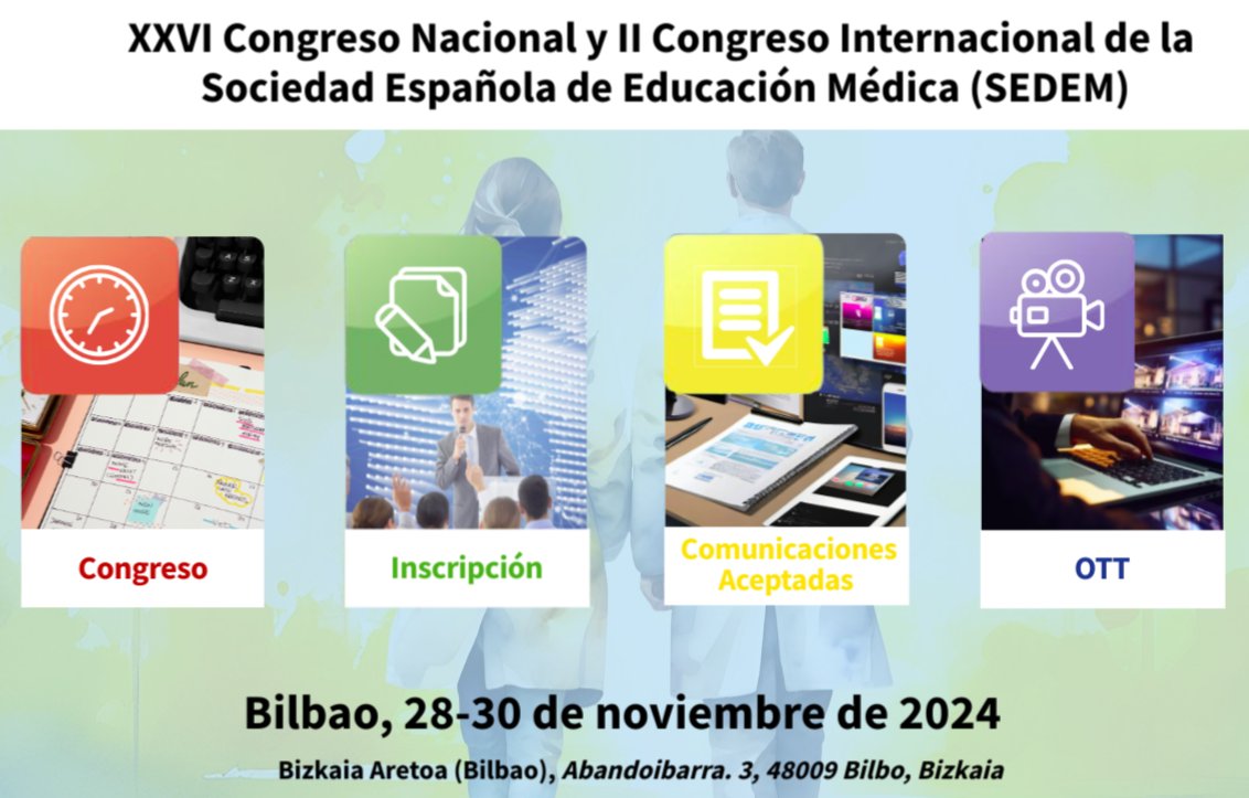 Esta semana es la de la #EduMed, jueves a sábado XXVI #Congreso de <a href="/Sedem_ORG/">Sociedad Española de Educación Médica</a> en Bilbao #sedem2024
🚩6 sesiones plenarias
🚩Lección Magistral con #MaríaTeresaAlfonso y <a href="/RonaldMHarden/">Ronald Harden</a> 
🚩96 orales, 25 virtuales
🚩93 pósteres, 39 virtuales
sedembilbao2024.org