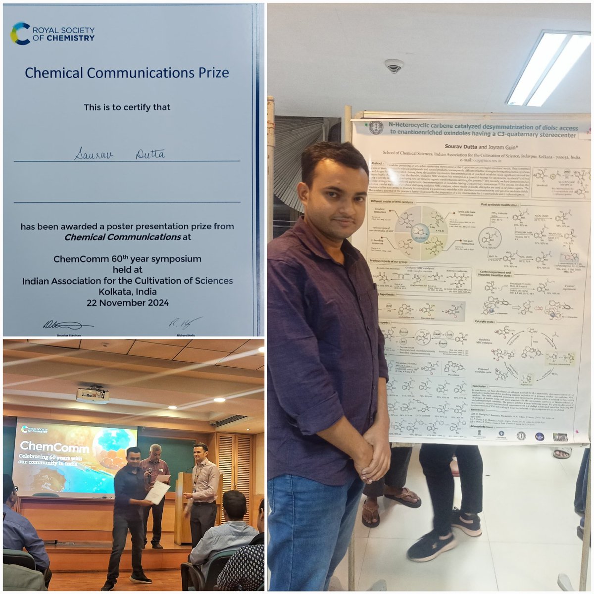 Guin_Lab (@radcatgroup) on Twitter photo Congratulations to <a href="/souravdutta96/">Sourav Dutta</a> ๐ฅณ๐ฅณ on receiving 
#BestPosterPrize at "ChemComm 60th year Symposium" from <a href="/richardkelly177/">Richard Kelly</a>
<a href="/ChemCommun/">Chemical Communications</a> <a href="/RoySocChem/">Royal Society of Chemistry</a>
<a href="/iacskolkata/">Indian Association for the Cultivation of Science</a> <a href="/RadCatGroup/">Guin_Lab</a> 
#AsymmetricNHC_Catalysis 
#GuinLab_IACS Congratulations to <a href="/souravdutta96/">Sourav Dutta</a> ๐ฅณ๐ฅณ on receiving 
#BestPosterPrize at "ChemComm 60th year Symposium" from <a href="/richardkelly177/">Richard Kelly</a>
<a href="/ChemCommun/">Chemical Communications</a> <a href="/RoySocChem/">Royal Society of Chemistry</a>
<a href="/iacskolkata/">Indian Association for the Cultivation of Science</a> <a href="/RadCatGroup/">Guin_Lab</a> 
#AsymmetricNHC_Catalysis 
#GuinLab_IACS