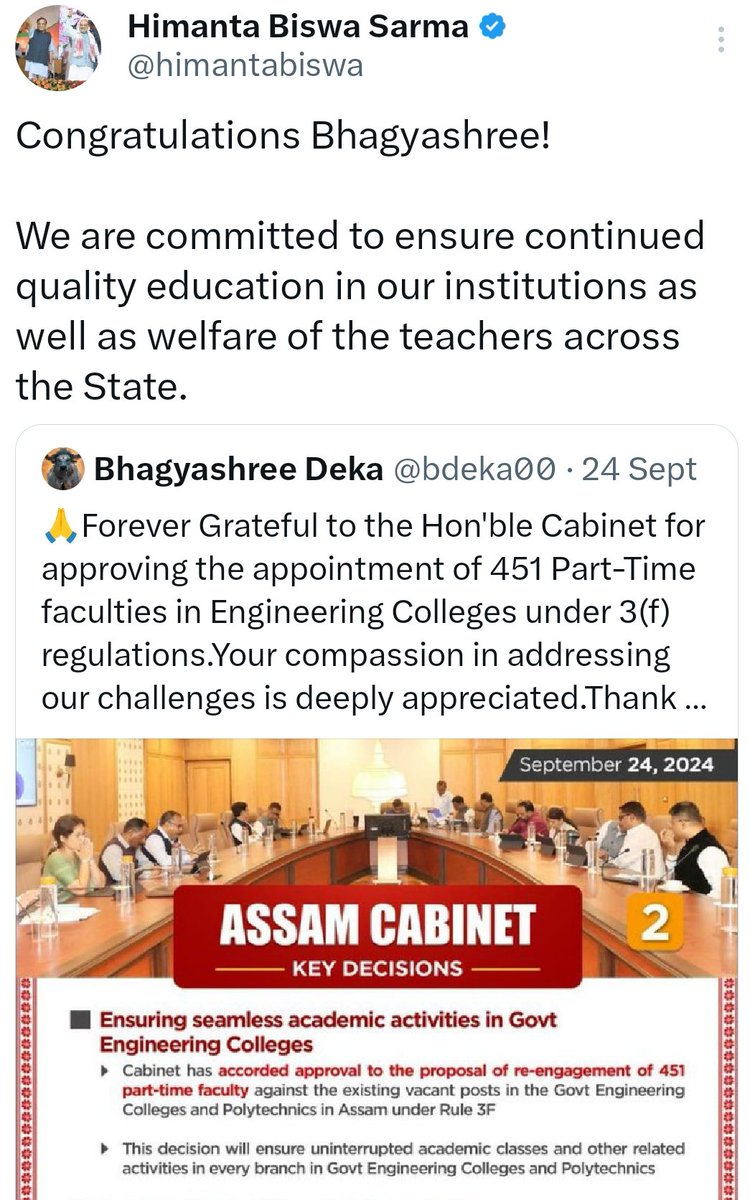 Mindfulabhi's tweet photo. ৩) আপুনি @himantabiswa, @CMOfficeAssam নিজেই X (Twitter) যোগেৰ এজন Principal দ্বাৰা নিযুক্ত Part-Time Faculty Bhagyashreeক অভিনন্দন জনাইছিল। আমি ক্ৰমাগতভাবে উচ্চ পদস্থ বিষয়াৰ সৈতে আলোচনা কৰি আছো, কিন্তু তেওঁলোকে মন্ত্রিসভাৰ সিদ্ধান্তটো কাৰ্যকৰী কৰিবলৈ সাজু নহয়। https://t.co/b8K0ztd7SW