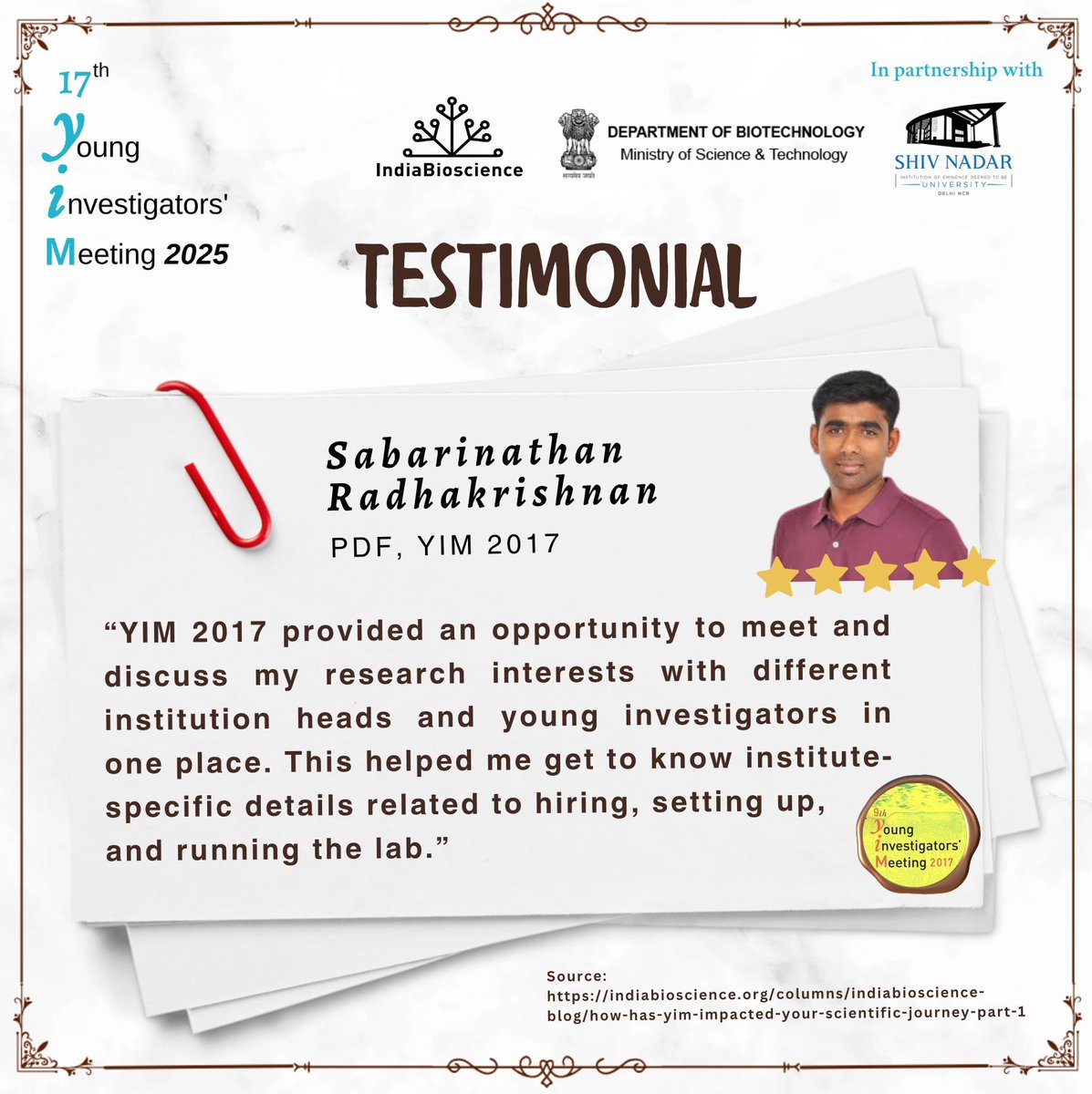 IndiaBioscience.org (@indiabioscience) on Twitter photo This week, <a href="/r_sabarinathan/">Sabarinathan Radhakrishnan</a> shares his YIM 2017 experience and how the event provided valuable insights into institute-specific details on #hiring, lab setup, and management.
Have you attended any YIM? How was your experience?
<a href="/ShivNadarUniv/">Shiv Nadar University, Delhi NCR</a> <a href="/ShivNadarFDN/">ShivNadar Foundation</a> <a href="/DBTIndia/">Department of Biotechnology</a>
#YIM2025 This week, <a href="/r_sabarinathan/">Sabarinathan Radhakrishnan</a> shares his YIM 2017 experience and how the event provided valuable insights into institute-specific details on #hiring, lab setup, and management.
Have you attended any YIM? How was your experience?
<a href="/ShivNadarUniv/">Shiv Nadar University, Delhi NCR</a> <a href="/ShivNadarFDN/">ShivNadar Foundation</a> <a href="/DBTIndia/">Department of Biotechnology</a>
#YIM2025