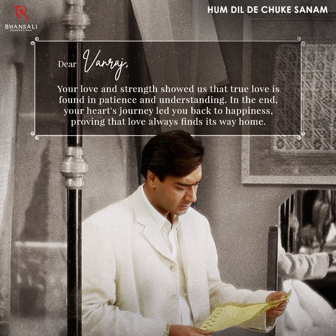 bhansali_produc's tweet photo. Taking a moment to honour @ajaydevgn’s impactful portrayal of Vanraj, a character filled with hope and resilience. His performance is a true testament to loyalty and will always hold a special place in our hearts ❤️✨
#SanjayLeelaBhansali #HumDilDeChukeSanam #LettersOfGratitude
#AjayDevgn #Bollywood #IndianCinema