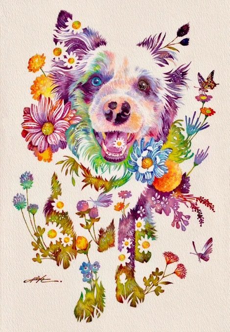 Hello!#dog #flower #watercolor 