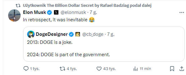 indywidualista's tweet photo. BARDZO byczy sygnał dla #Dogecoin:
Elon musk nazywa NIEUNIKNIONYM wejście #DOGE do rządu w roku 2024, po tym jak w roku 2013 był żartem. https://t.co/xdzbUoV2qJ