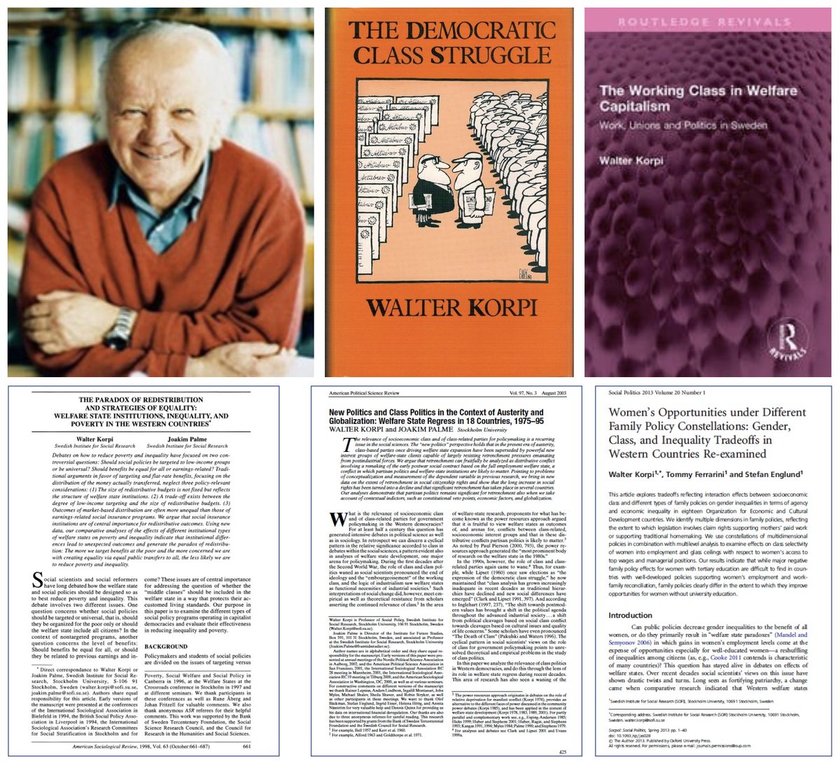The Swedish sociologist Walter Korpi has passed away. He is known for elaborating power resource theory, an approach to the welfare state that holds that the power of the working class is a key determinant of the welfare state.

These are some of his influential works.👇