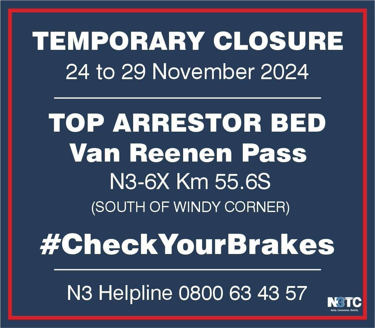 N3Route's tweet photo. 09h00 24/11 #N3TrafficAlert The #TopArrestorBed on #VanReenenPass near #WindyCorner will be CLOSED for maintenance from 24 - 29 Nov and unavailable for #EmergencyStops
#PlanAhead #BePrepared #ReduceSpeed Read more: https://t.co/SuUsGxuhWx https://t.co/qa9uKhWGKX