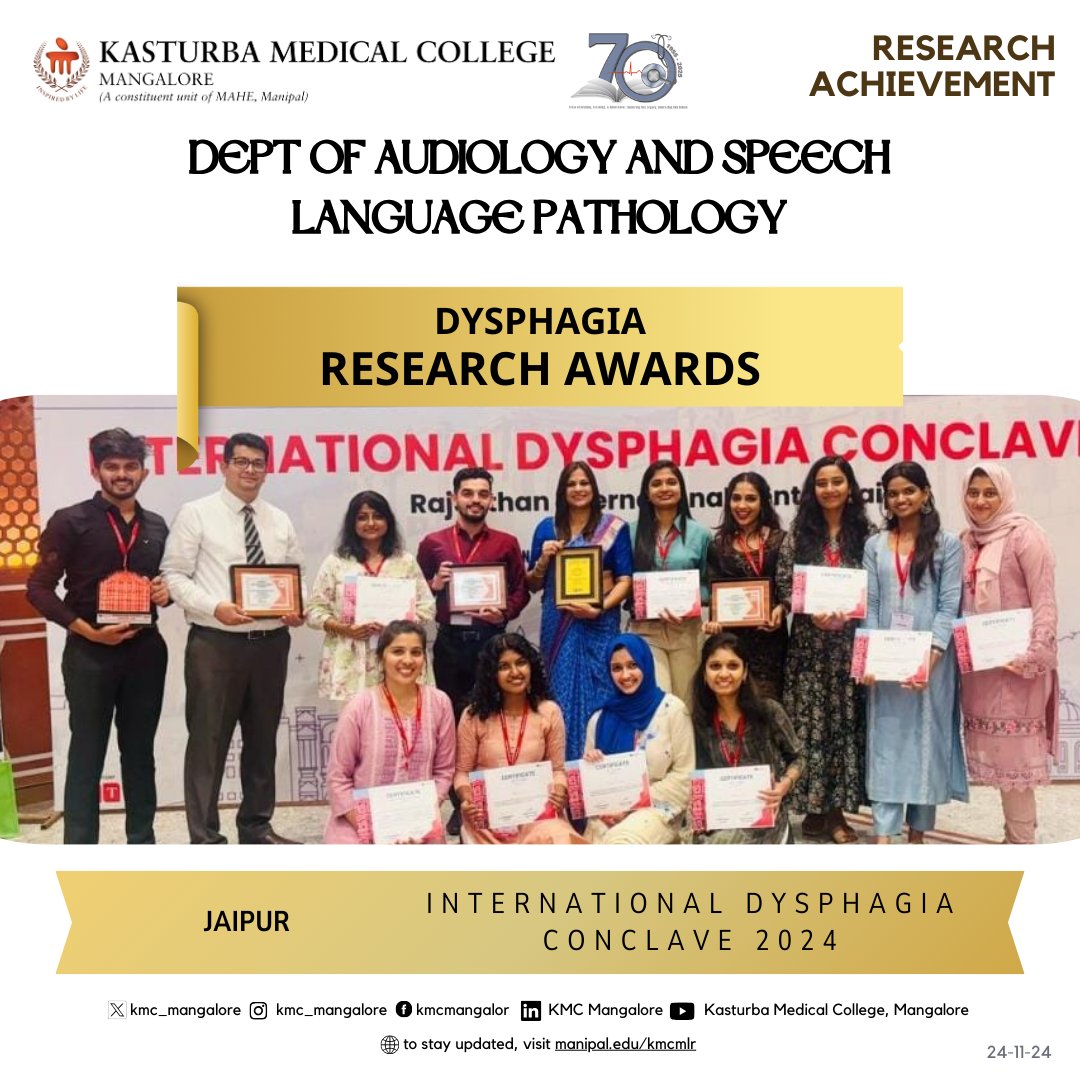 KMC_Mangalore's tweet photo. Congratulations to @ASLPKMCMLR for winning the prestigious Dr. B S Premalatha Institute for Dysphagia Research Awards 2024 at the International Dysphagia Conclave (IDC) 2024, Jaipur!

This recognition is for the highest contributions to scientific research papers in dysphagia. https://t.co/PTleUPttq7