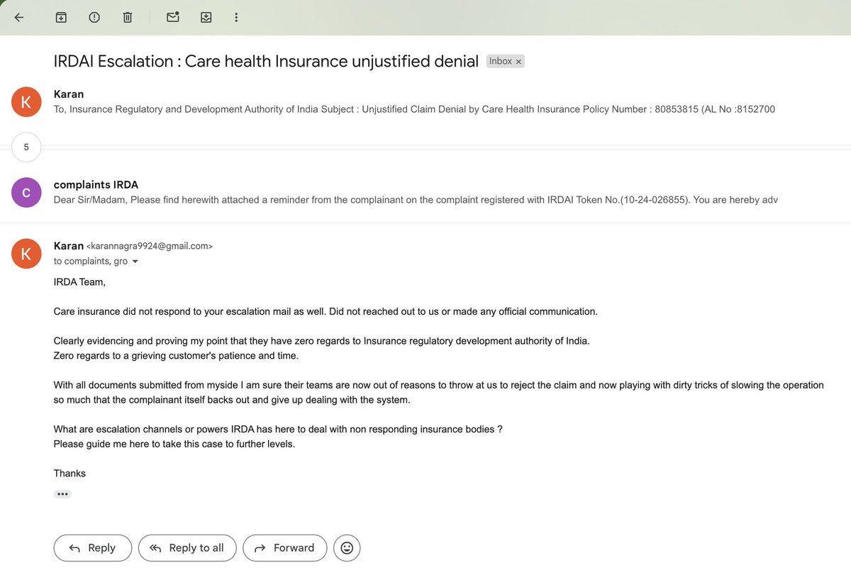 rohitamansharma's tweet photo. @careinsuranceIN @careinsuranceIN  As pointed out earlier, your grievance redressal process is a sham. Here is another proof. First of all your own internal escalation was worth nothing. Didn't helped at all. Now your teams are not even responding to @irdainsurance  @irdaindia https://t.co/B1OeA14esr