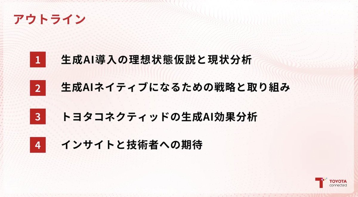 ai_tech_lab1's tweet photo. トヨタコネクティッドのAOAIDevDayでの発表が有益すぎる。

大企業で生成AIを活用して成果を上げるために、
生成AIネイティブの道のりを4つのステップに分解し、
さらに育成したい人材も5つのレベル分けを行うなど
具体的な方針と施策が丁寧に説明されている。

#AOAIDevDay #トヨタコネクティッド https://t.co/nOtXdEqI0E