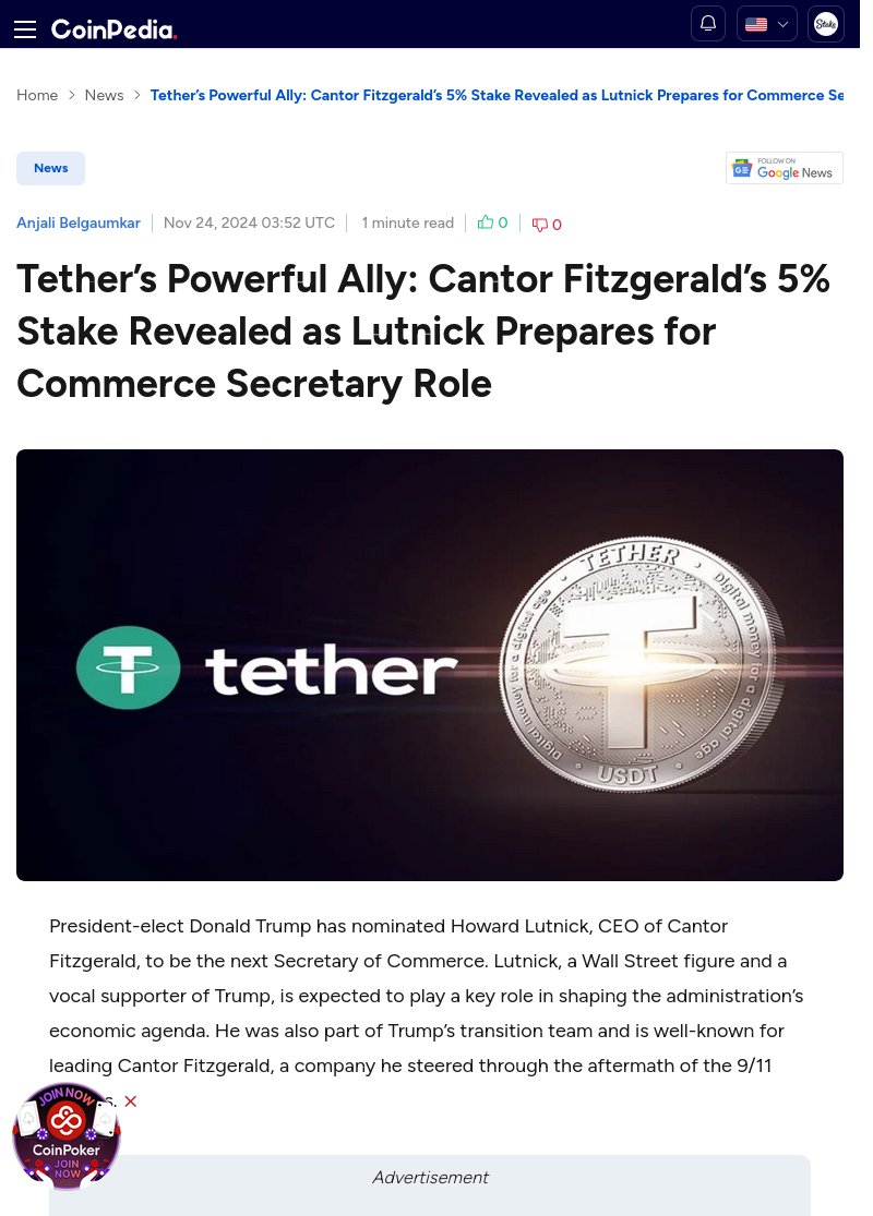 rayan_bibiloni's tweet image. BREAKING NEWS :  Cantor Fitzgeralds 5% stake in Tether could have significant implications in the cryptocurrency market. cryptoeco.net/tw/7f5e.html  #Tether #CantorFitzgerald #CommerceSecretary"