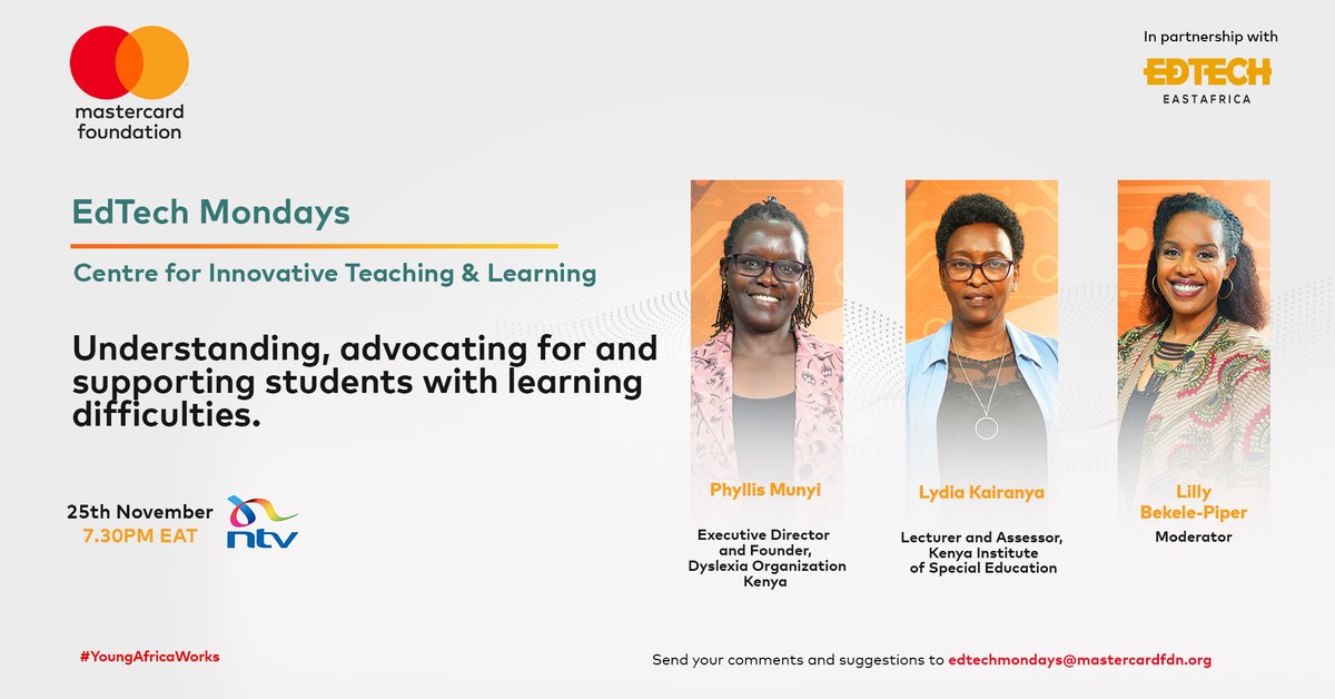 ntvkenya's tweet photo. SP: 1 day to go!⏳ Don’t miss this month’s #EdTechMondays episode tomorrow at 7:30 PM on NTV Kenya as we tackle the vital topic of supporting learners with specific learning difficulties. Save the date and join us! #YoungAfricaWorks #EdTech254

@EdTechEAfrica @MastercardFdn @youngafricawks
@elillykiya @KenyaDyslexia @KISEkenya1