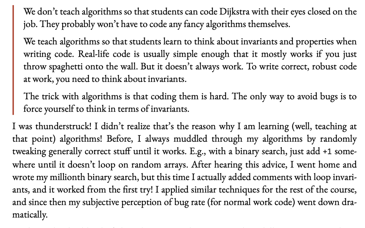 zack_overflow's tweet photo. Coding is so much easier when you think in terms of invariants

One good actionable way of doing this is adding assertions in your code

And this is why strong type systems are effective, you can encode and enforce invariants within types https://t.co/kke8HCJj4a
