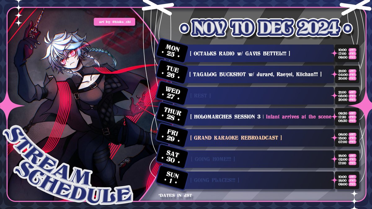 octavio_holo's tweet image. ♾NOV 25 to DEC 1♾

COLLABS IN 2 LANGUAGES, D&amp;amp;D and 25 HOURS OF KARAOKE!!! ENJOY!!!

LIVE: #OctLIVEo  ART: #Artavio  MEMES: #OctoSus  CLIPS: #OctaClips  ASSETS: #OctAssets  REQUESTS: #karaVIOke  FANFICS: #ArmisAdventures