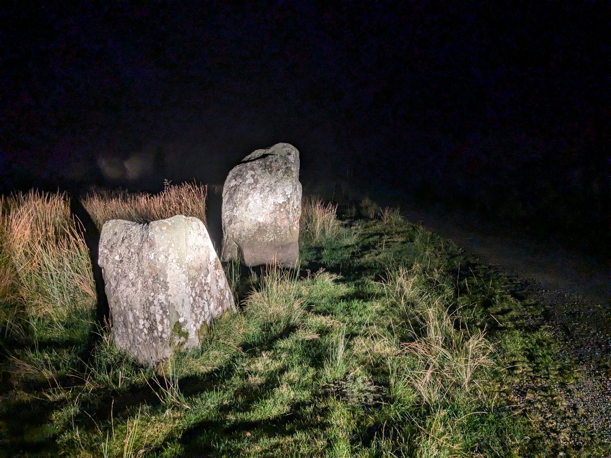 It's a stormy #StandingStoneSunday 🎉🌧️
Whenever I return home late over the Cambrian Mountains I pass my local Early Bronze Age stone pair: Buwch a'r Llo or 'Cow &amp; Calf' 🥰

It's very likely they mark a Bronze Age metal prospector's route over the hills

📷My own, 8th Nov 2024