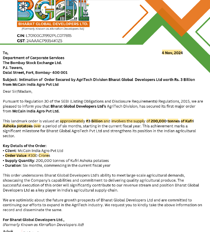 StocksAndStoics's tweet photo. Be cautious of this company Bharat Global Developers (Market cap - 14k cr.), which is claiming to win orders to supply "aloo" worth 300 cr. on even days and 'sona' worth 251 crore on odd days. 
Read on a bit more (1/3) https://t.co/6TrwqJ5YuX