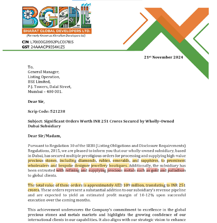 StocksAndStoics's tweet photo. Be cautious of this company Bharat Global Developers (Market cap - 14k cr.), which is claiming to win orders to supply "aloo" worth 300 cr. on even days and 'sona' worth 251 crore on odd days. 
Read on a bit more (1/3) https://t.co/6TrwqJ5YuX
