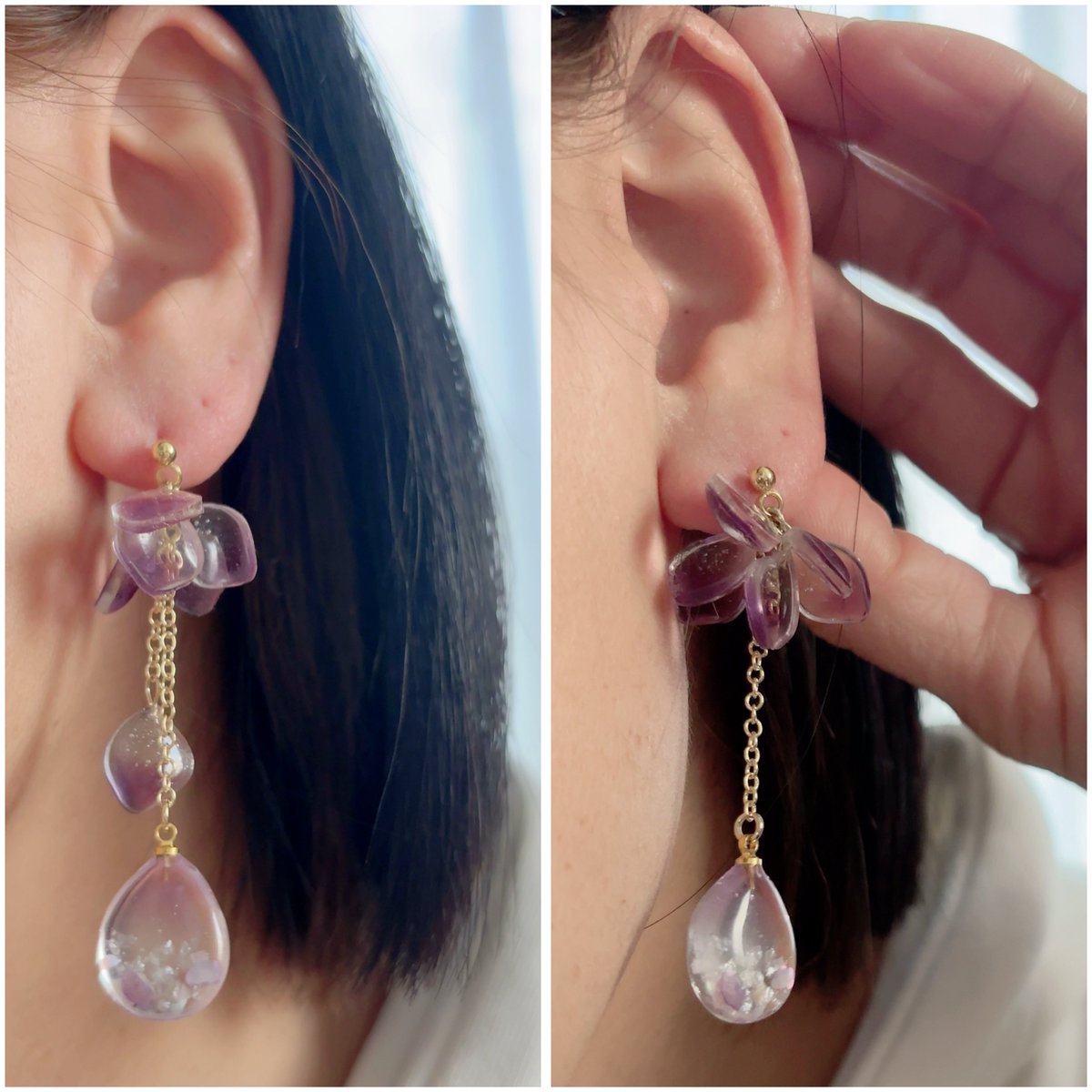 ドロップと花びらの組み合わせはこんな感じになりそう☺️
花びらとドロップのチェーン２本でゆらゆらさせるか、ドロップだけゆらゆらさせるか…
悩み中

#Lemioハンドメイド
#ハンドメイドアクセサリー