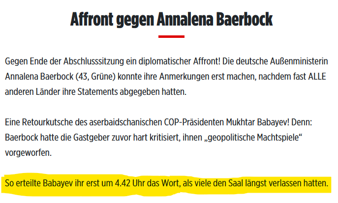 JSterck's tweet photo. #Baerbock hat mit ihren dünkelhaften Art, ihren taktlosen Drohungen und Vorwürfen an den Gastgeber wieder einmal Porzellan auf dem diplomatischen Parkett zerschlagen und Deutschland der Lächerlichkeit preisgegeben. Man schämt sich für diese Person.
#Klimakonferenz #Baku #Affront https://t.co/SC4bs3Tyqc