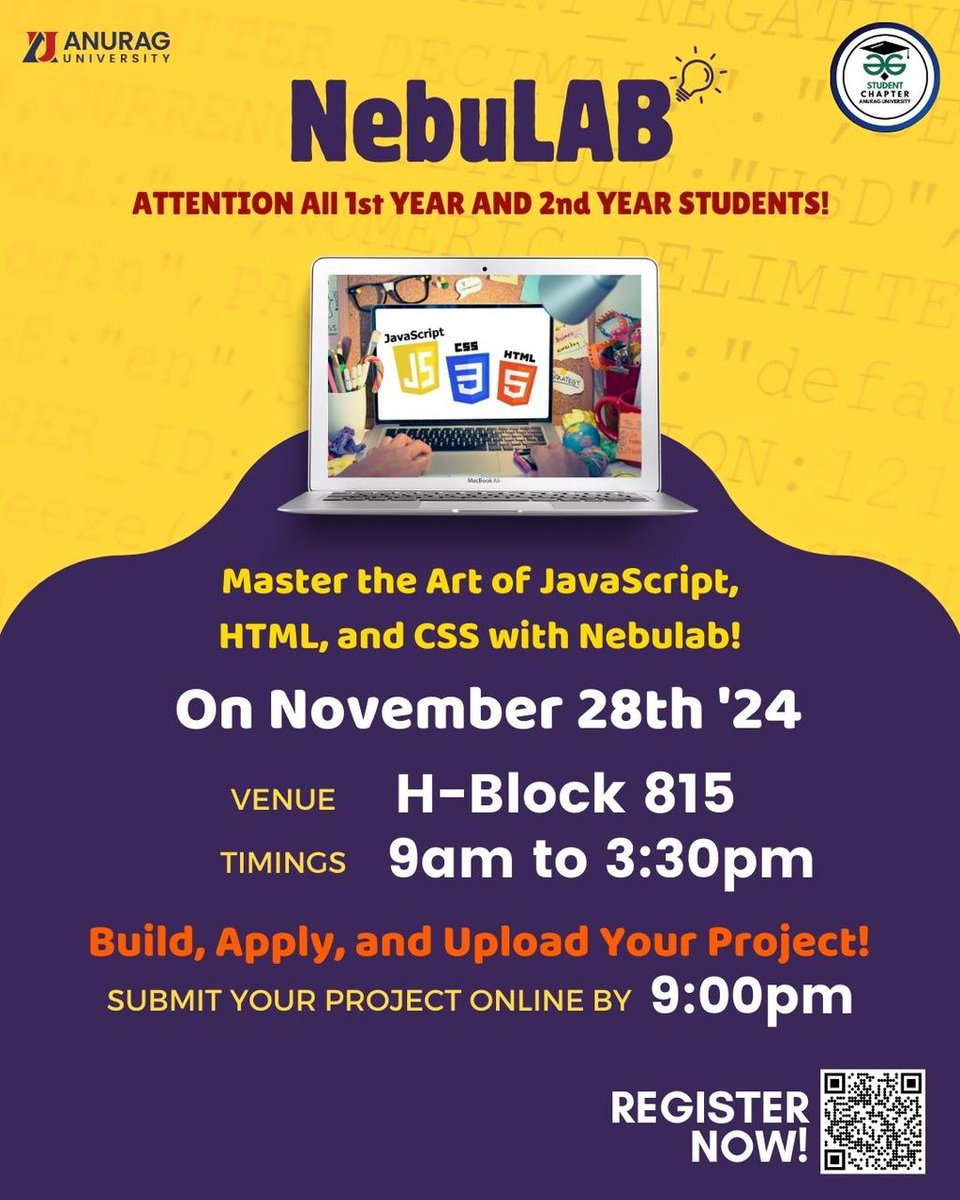 Gfg_ausc's tweet photo. **Workshop Alert for 1st &amp; 2nd Year Students!
🚀 Level up your web dev skills in a one-day workshop on _HTML, CSS &amp; JavaScript
📍 *Venue*: H-Block 815  
📆 *Date*: 28th Nov 2024  
🕒 *Time*: 9:00 AM - 3:30 PM  
🗓️ *Project Submission*: Drive link by 9PM 🔗https://t.co/EAvdLUU1sc https://t.co/YAf2xFKFm5
