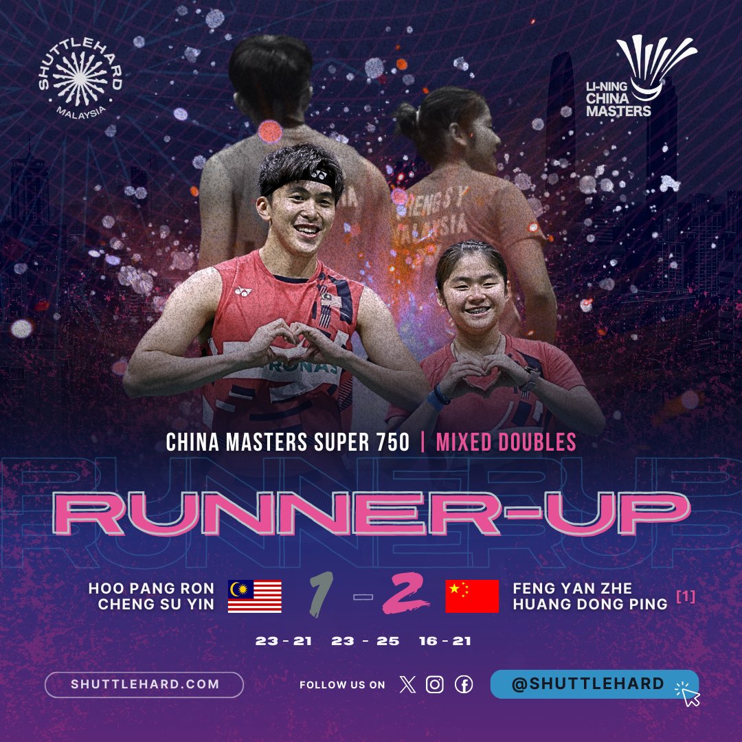 ShuttleHard's tweet photo. Keputusan Perlawanan #ChinaMasters2024
Hari Keenam | Final

🥈 Naib Juara Masters China buat Pang Ron & Su Yin !

Gandingan sensasi #BadmintonMalaysia Hoo Pang Ron/Cheng Su Yin 🇲🇾 hanya selangkah untuk cipta sejarah di Shenzhen 🇨🇳 namun Pilihan Utama, Feng/Huang menunjukkan kelas tersendiri lakukan kebangkitan di laman mereka.

Namun pujian harus diberi kepada Pang Ron & Su Yin yang telah mempersembahkan perlawanan yang hebat di pentas akhir malah beraksi dengan baik sepanjang minggu ini mencipta kejutan demi kejutan.

Beraksi di final Jelajah Dunia BWF sulung selepas setahun berpasangan, Pang Ron & Su Yin turut menjadi Beregu Campuran 🇲🇾 pertama sebagi finalis Super 750 🔥

Tahniah & syabas Pang Ron & Su Yin !! 🫡

📸 China Masters 2024

#UNBRKBL
#ShuttleHard