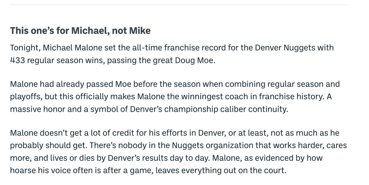 NBABlackburn's tweet photo. NEW for @MileHighSports 

Michael Malone is the all-time winningest coach in Denver Nuggets franchise history.
https://t.co/mOwBtg69M3 https://t.co/oWGci1V8Af