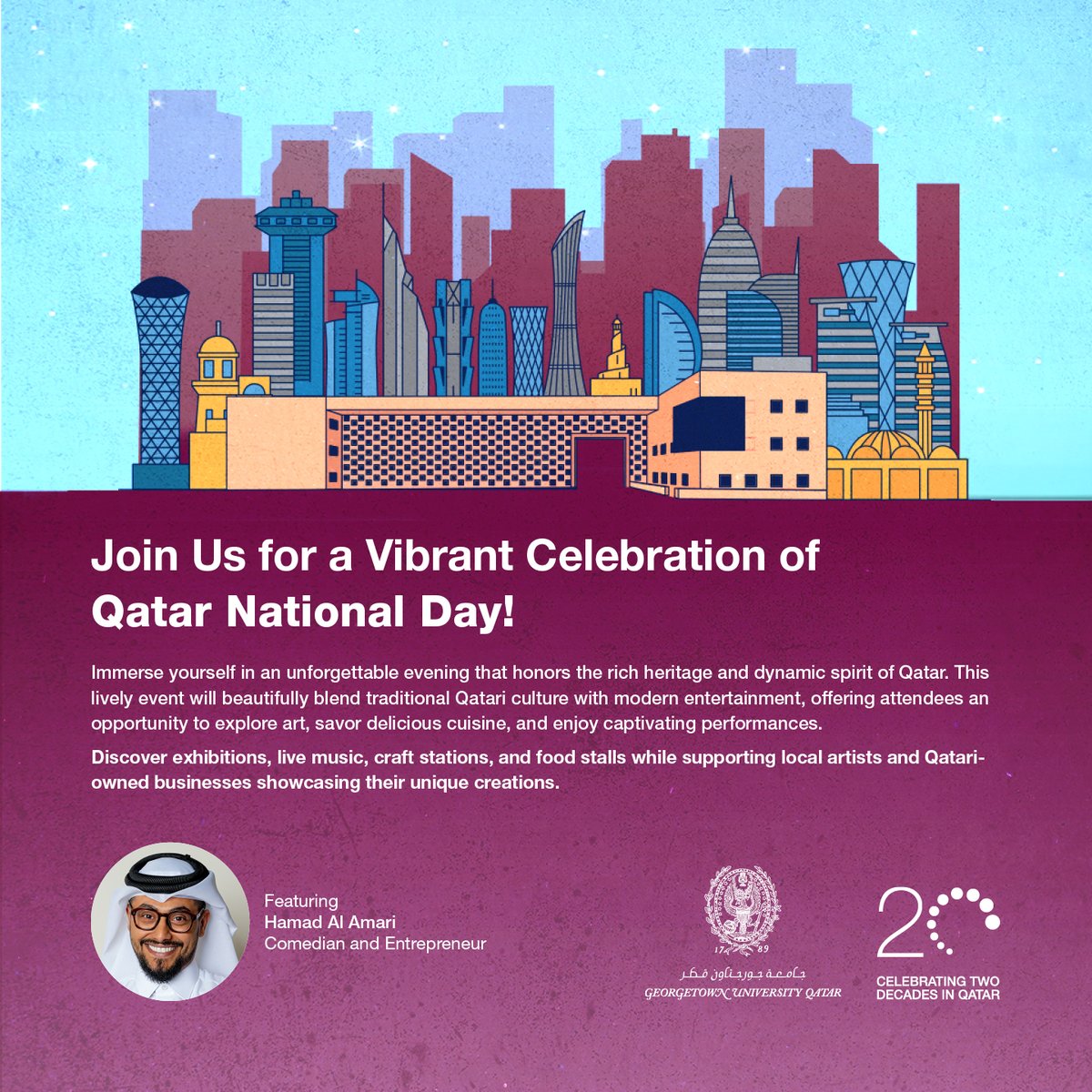 GUQatar's tweet photo. 🎉🇶🇦 Join us for a vibrant Qatar National Day celebration!

📅 Wednesday, Nov 27
⏰ 5:00 - 9:00 PM
📍 GU-Q Main Entrance (Oxygen Park)

Experience traditional & modern cultural activities, live performances, local artists, delicious food, crafts & more! A family-friendly evening celebrating Qatar's rich heritage.
Don't miss it—bring your family & friends! 🌟 #QND2024 
Learn more: https://t.co/h9BP07Onkg