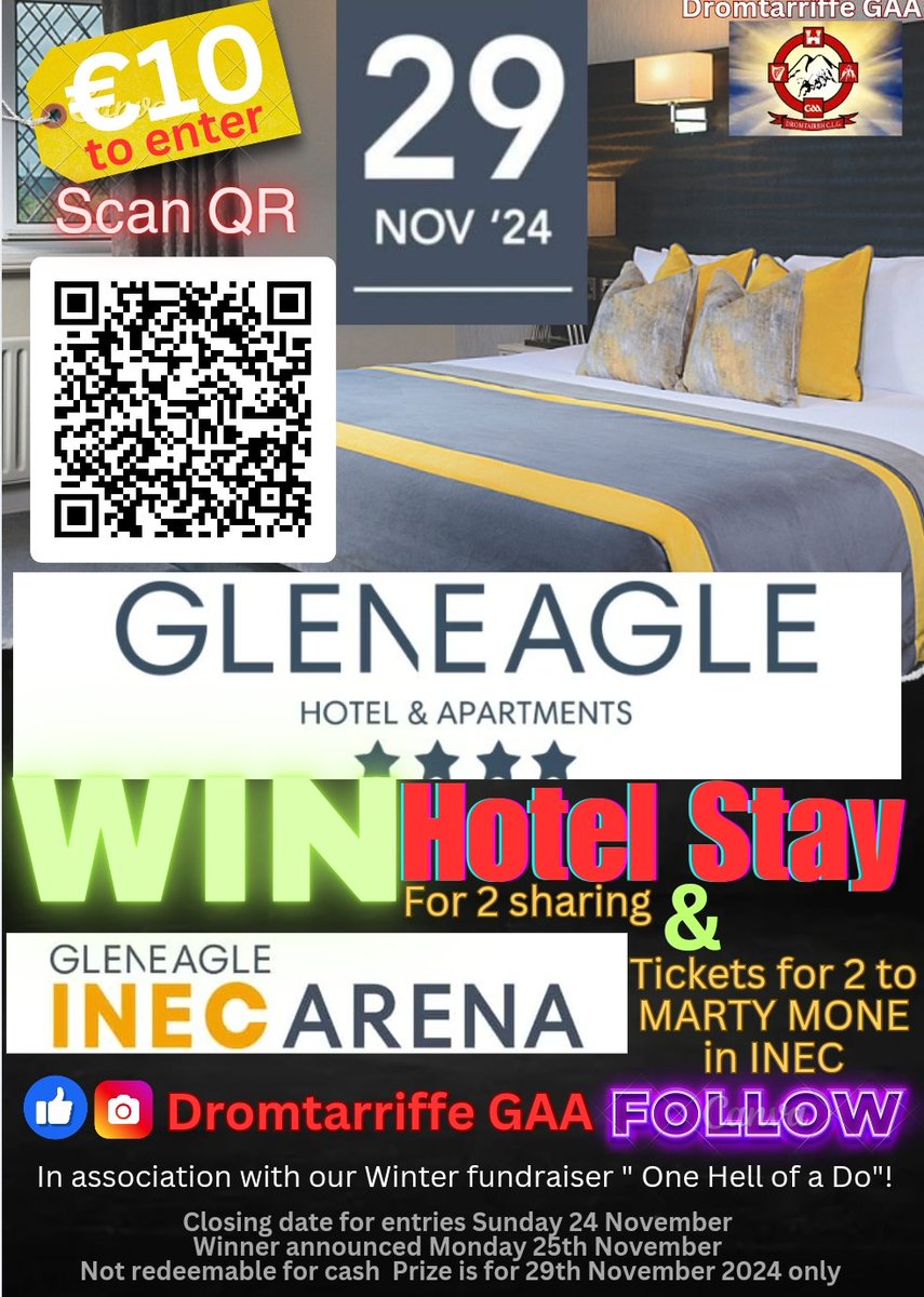 dromtarriffe.com/products/22535…
Be in with a chance of winning a nights stay this Friday with tickets to the INEC ! Click on link to enter for €10 
Draw Monday night