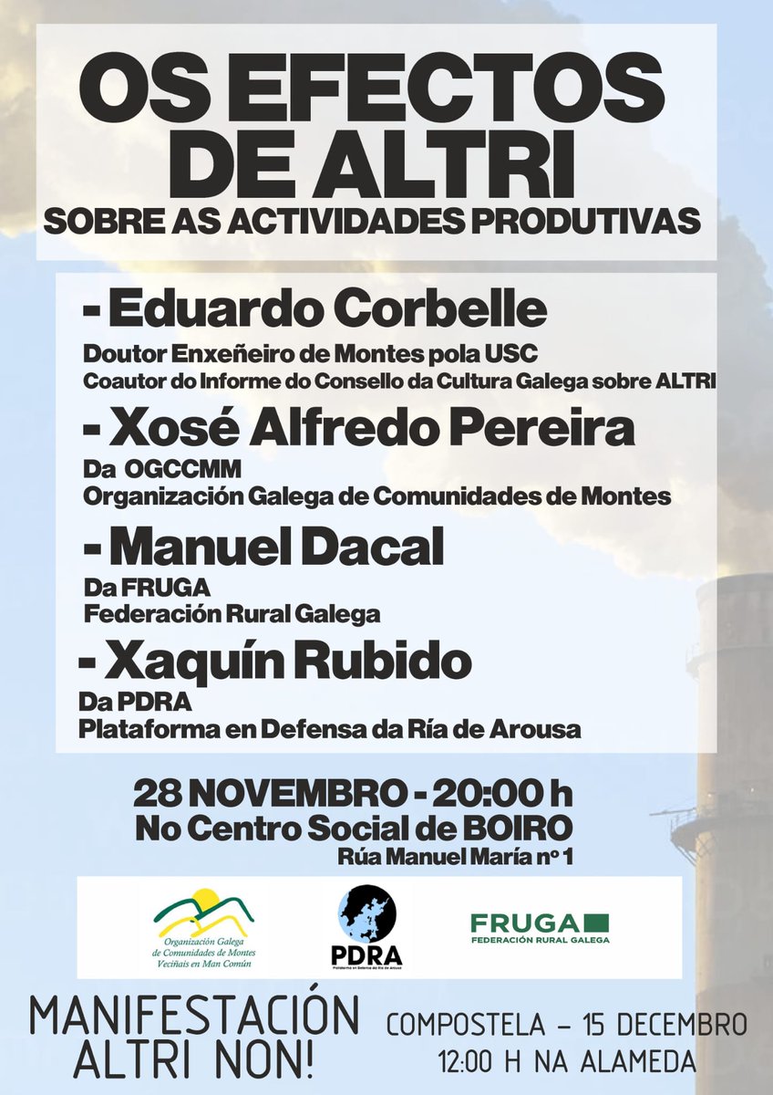 Este xoves 28, ás 20h, estaremos no centro social de Boiro falando do grave impacto de Altri sobre os sectores productivos.

🔥E lembrade que o 15 de Decembro temos que asolagar o Obradoiro con berros de #ALTRINON ‼️

#ManifaObradoiro15D
 #NonImosCalar