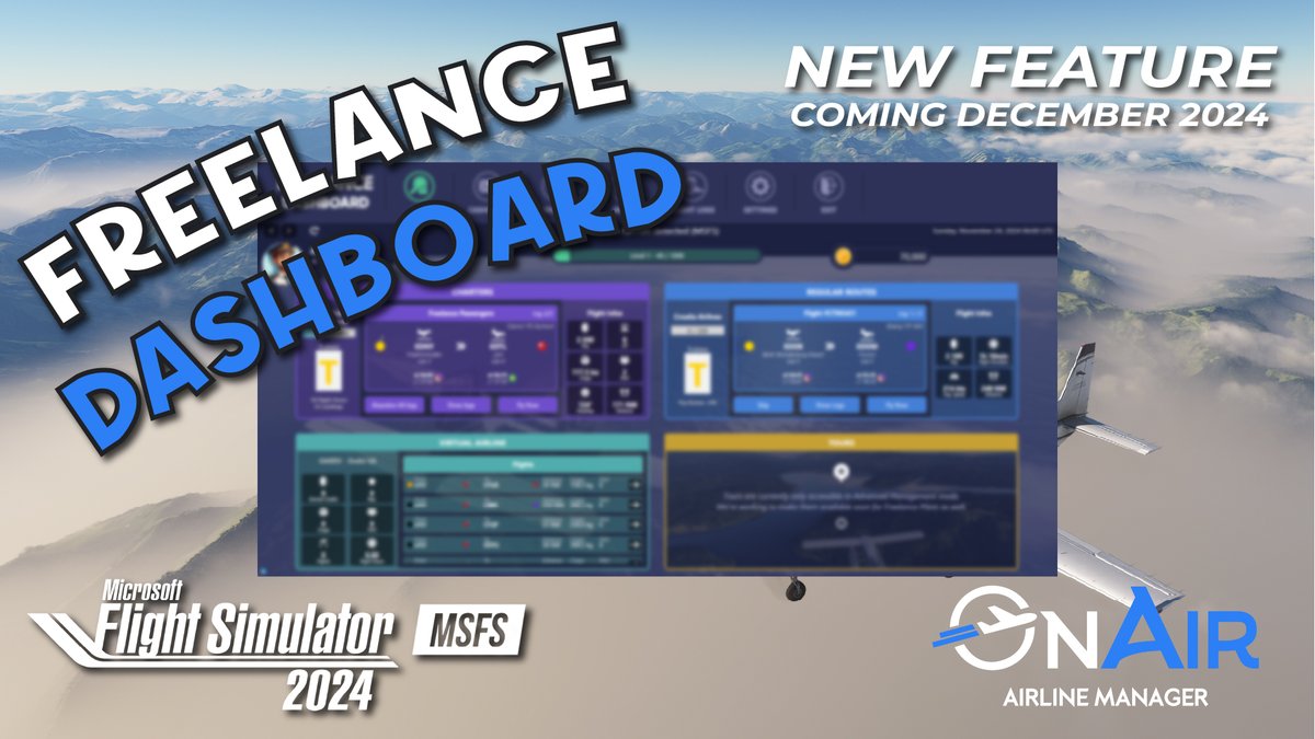 ✈️ Exciting news! The Freelance Dashboard is coming to OnAir in December 2024! 🎉

Focus on flying with Charters, Regular Routes, &amp; Virtual Airlines—all in one place. Perfect for new pilots!

🔗 Learn more: onair.company/introducing-th…

#MSFS2024 #OnAirAirlineManager #FlightSim