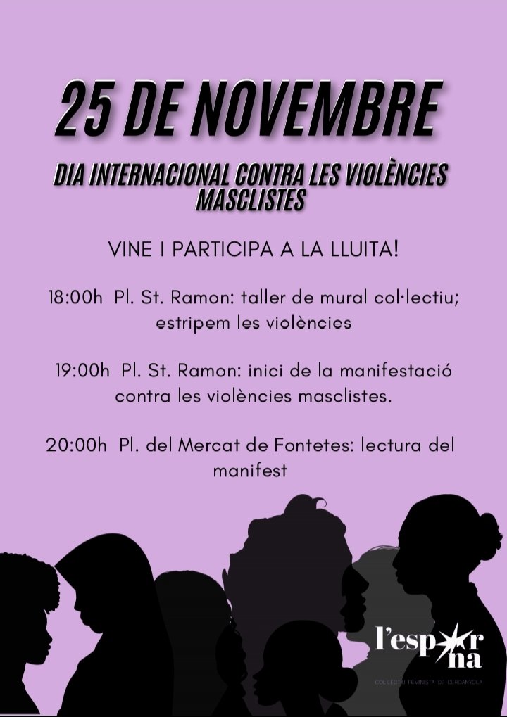 Aquest 25 de novembre uni-vos a la jornada de lluita i a la manifestació en contra de les violències masclistes a Cerdanyola del Vallès!

Us esperem aquest dilluns 25 de novembre a les 18h a la plaça  Sant Ramon.
