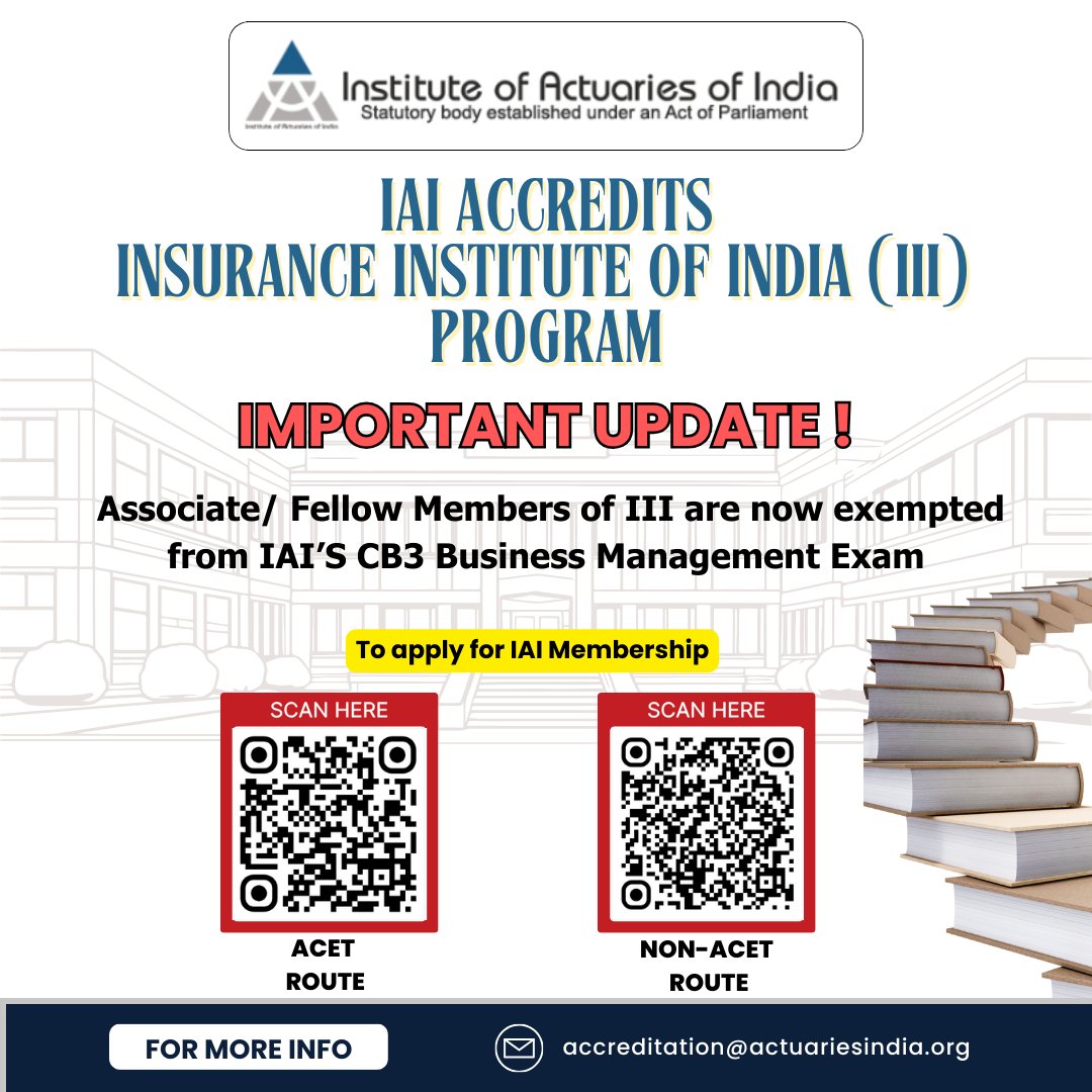 Exciting Update for Insurance Institute of India Members!

Discover the exemptions available for your qualifications and accelerate your actuarial journey.

#IAI #III #Actuaries #Insurance