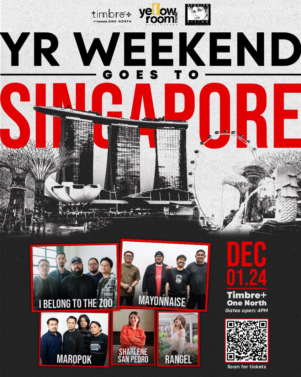 yrmusicph's tweet photo. One week ‘til #YRWeekend in Singapore! 🤩
Catch @mayonnaisemusic , @ibelongtothezoo , @shar_sanpedro , @whattherangel and Maropok at Timbre+ One North!
Scan the code for tickets 👇🏻 or go to this link https://t.co/XNDV3h7Zws
See you mga kababayan! 👋🏻
#YellowRoomPH https://t.co/2aMJYKUgvy