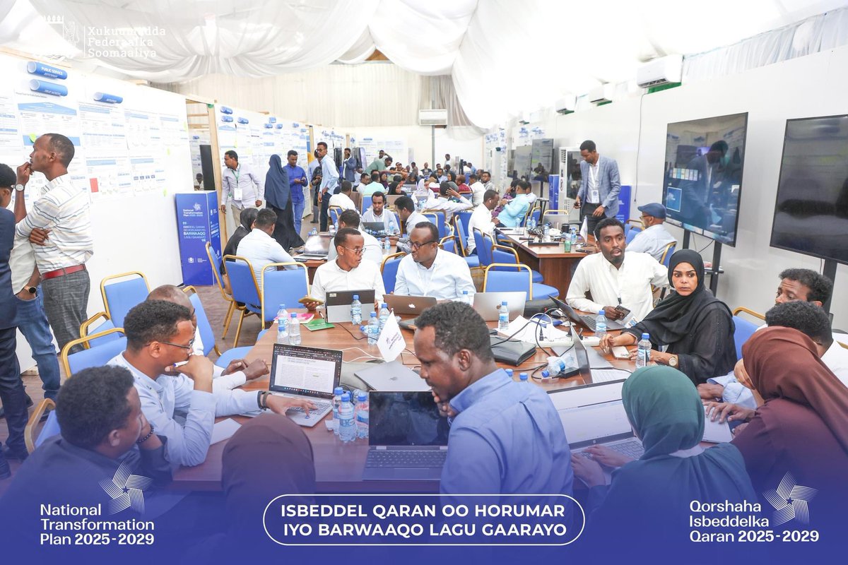 NTPSomalia's tweet photo. The National Transformation Plan (NTP) Center in Mogadishu is making steady progress on the 2025-2029 National Plan. For nearly two months, government staff and international experts have convened daily to advance this critical initiative. #SomaliaNTP https://t.co/RoJlaEEAcT
