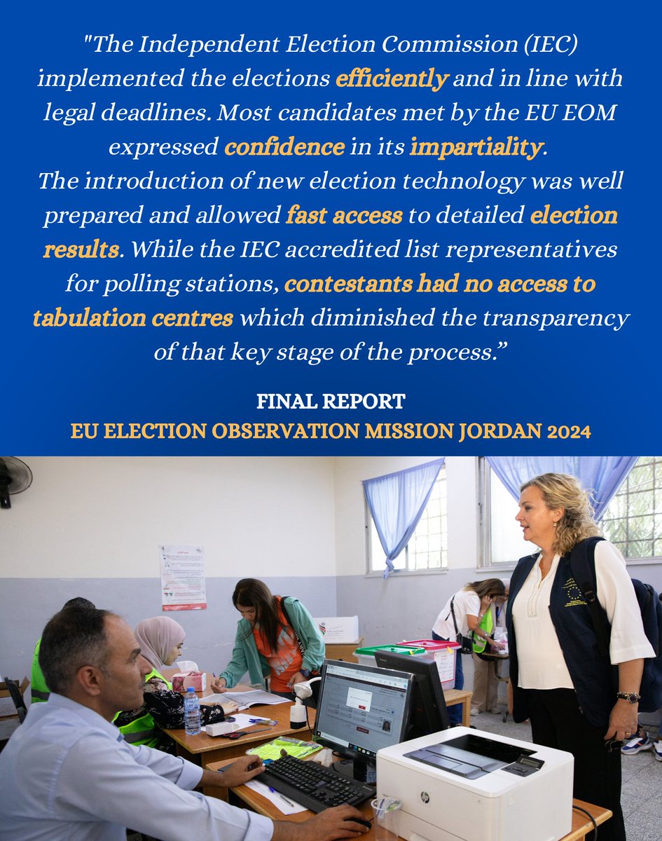 EUeomJordan2024's tweet photo. Want to learn more?
You can find the Final Report of the EU Election Observation Mission to #Jordan 2024 here:

https://t.co/7xTN9Vf1r2 https://t.co/PNPKTh1V1u